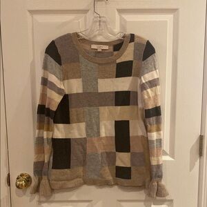 LOFT Cream and Black Crew Neck Sweater